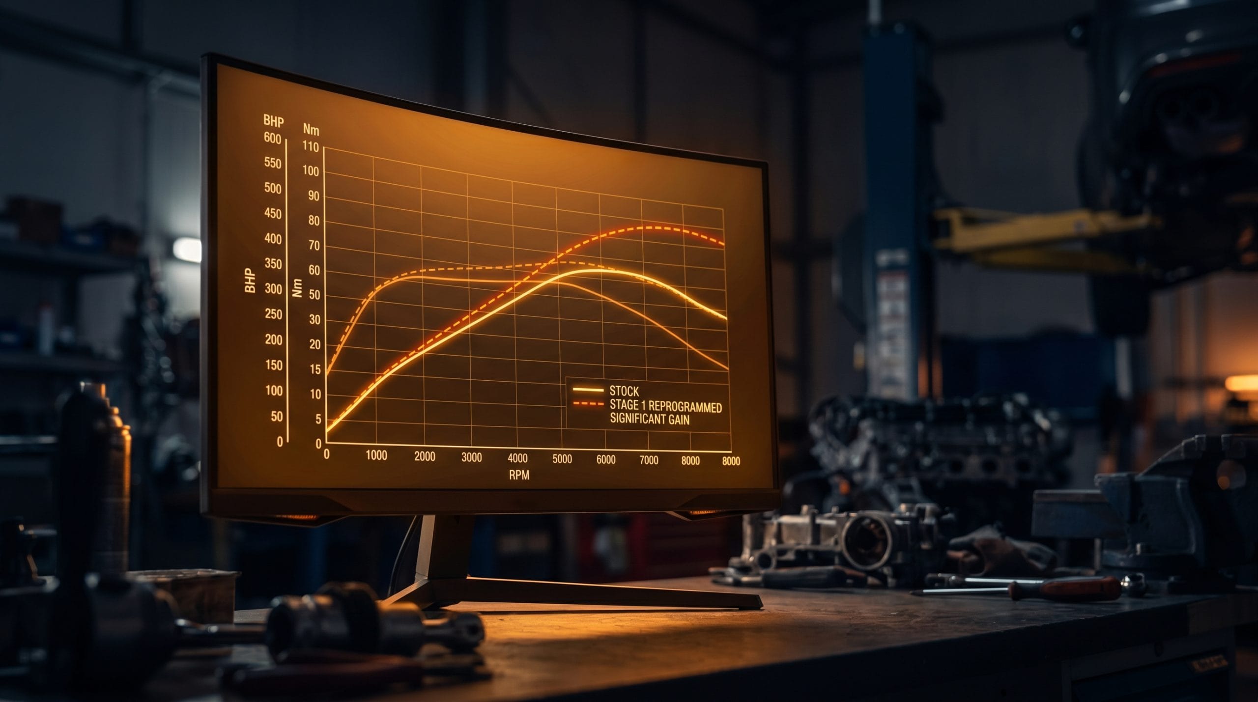 Gráfica de banco de pruebas mostrando ganancia de potencia tras reprogramación Stage 1 Zamule